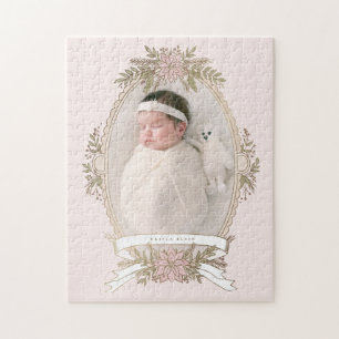 Feminine oval frame ribbon and holiday greenery  jigsaw puzzle