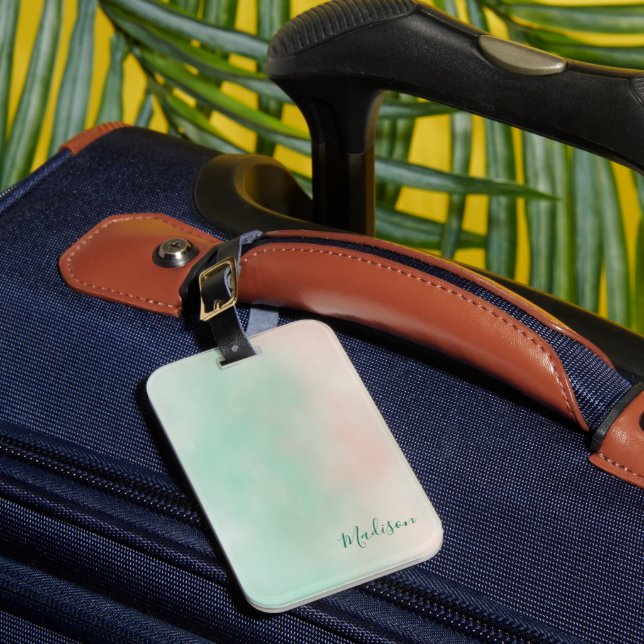Feminine Pastel Pink Green Gradient Script  Luggage Tag (Front Insitu 1)