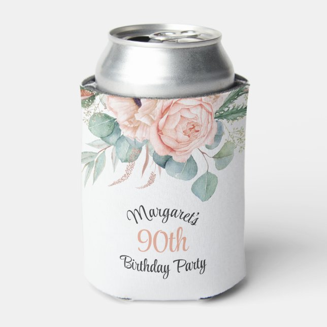 Feminine Pastel Watercolor Floral 90th Birthday Can Cooler (Can Front)