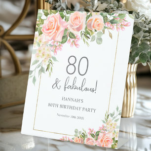 Feminine Peach Pink Rose Floral 80th Birthday  Pedestal Sign