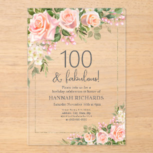 Feminine Peach   Pink Roses Floral 100th Birthday  Acrylic Invitations