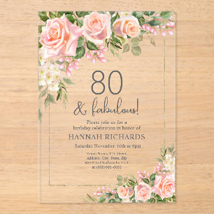 Feminine Peach   Pink Roses Floral 80th Birthday  Acrylic Invitations