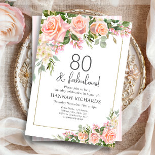 Feminine Peach Pink Roses Floral 80th Birthday Invitation