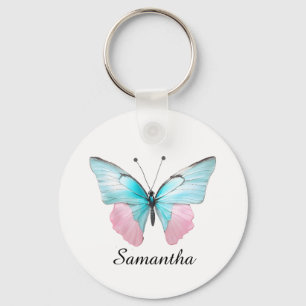 Feminine Pink and Aqua Personalised Butterfly Key Ring