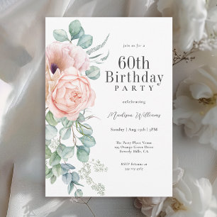 Feminine Pink and Beige Floral 60th Birthday Party Invitation