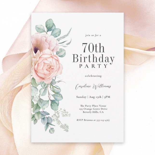 Feminine Pink and Beige Floral 70th Birthday Party Invitation (Available as printed and paperless digital download!)