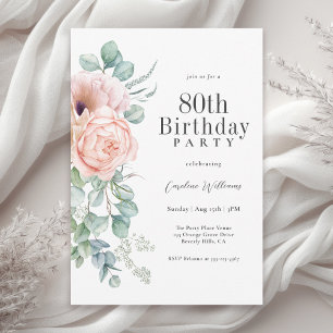 Feminine Pink and Beige Floral 80th Birthday Party Invitation