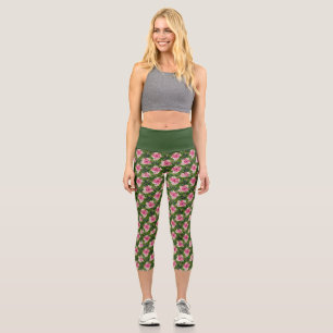 Feminine Pink and Green Floral Print Capri Leggings