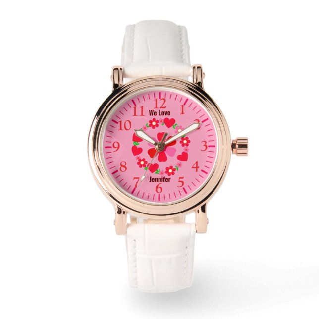 Feminine pink and red floral hearts, customisable  watch (Front)