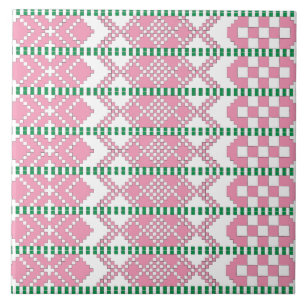 Feminine Pink and white Latvian tribal folk art Tile