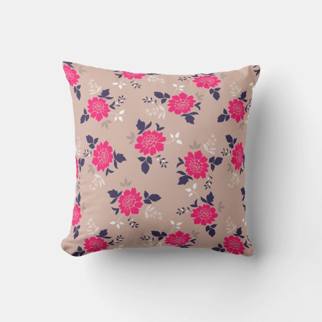 Feminine Pink Beige Floral Pattern Cushion (Front)
