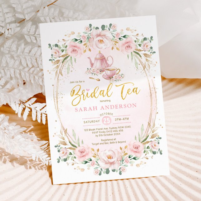 Feminine Pink Blush Flower Bridal Shower Tea Invitation (Creator Uploaded)