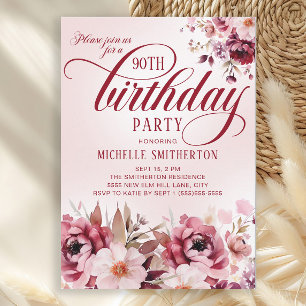Feminine Pink Burgundy Floral 90th Birthday Invitation