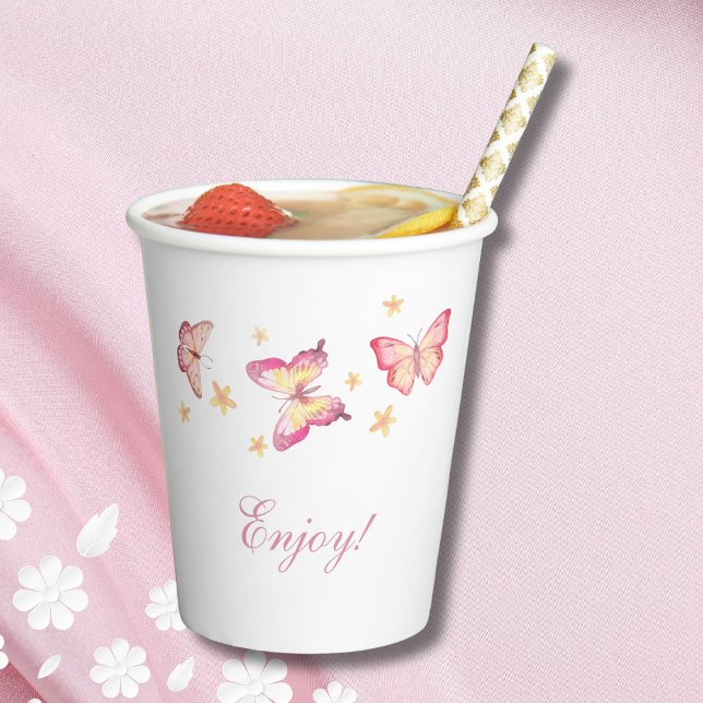 Feminine Pink Butterfly Baby Girl Shower Paper Cups (Creator Uploaded)