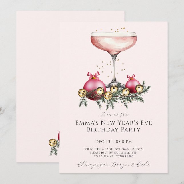 Feminine Pink Champagne New Years Eve Birthday  Invitation (Front/Back)