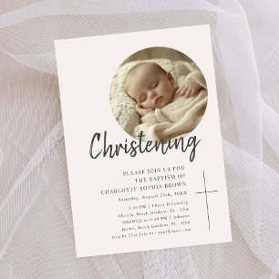 Feminine Pink Christening Girly Baby Photo Baptism Invitation