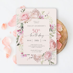 Feminine Pink Floral 50th Birthday Party Invitation