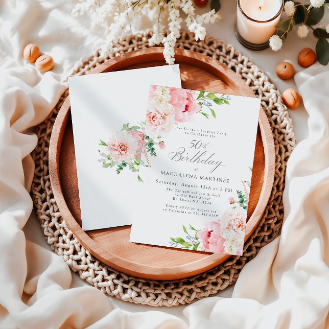 Feminine Pink Floral 50th Birthday Surprise Party Invitation (Creator Uploaded)