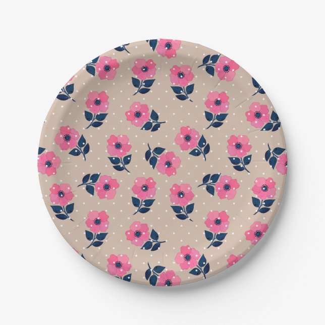 Feminine Pink Floral Beige Polka Dots Design Paper Plate (Front)
