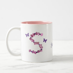 Feminine Pink Flower Bead Letter S Monogram Two-Tone Coffee Mug
