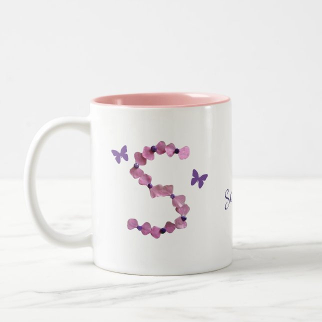 Feminine Pink Flower Bead Letter S Monogram Two-Tone Coffee Mug (Left)
