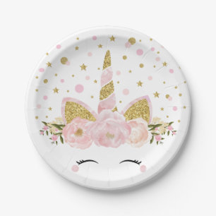 Feminine Pink Gold Floral Unicorn Birthday Party Paper Plate