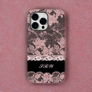 Feminine Pink Lace Edging on Black with Initials Case-Mate iPhone 14 Pro Max Case