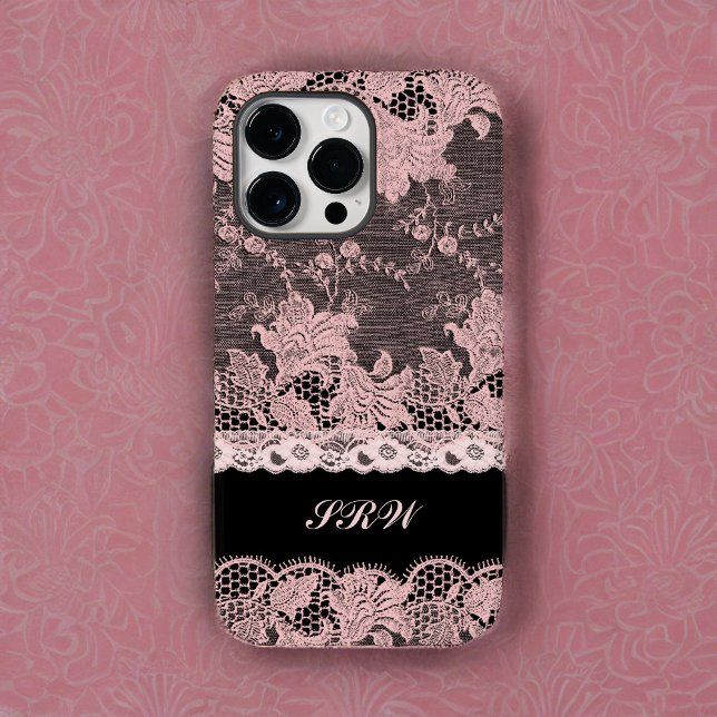 Feminine Pink Lace Edging on Black with Initials Case-Mate iPhone Case (Creator Uploaded)