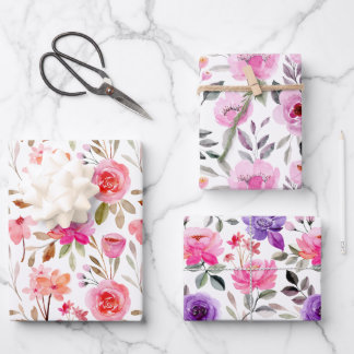 Feminine Pink Lilac and Purple Watercolor Floral Wrapping Paper Sheet