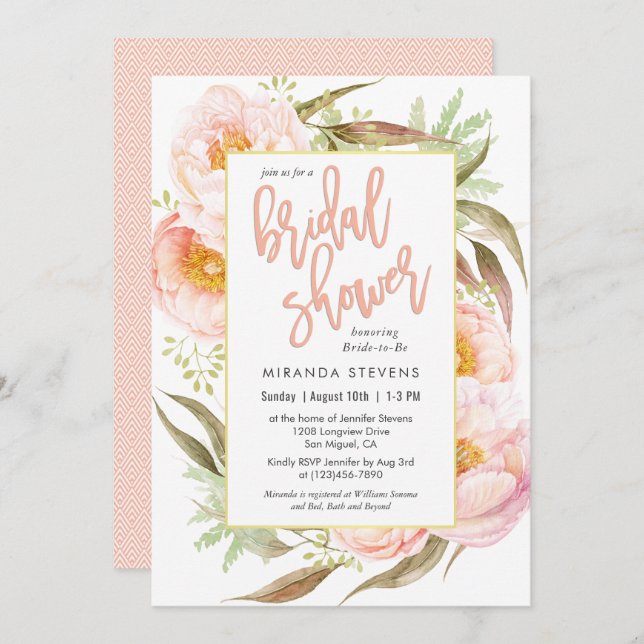 Feminine Pink Peonies Floral Bridal Shower Invitation (Front/Back)
