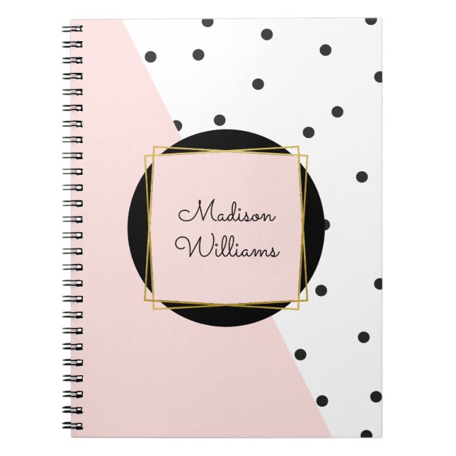 Feminine Pink Personalised Colour Block Polka Dots Notebook (Front)
