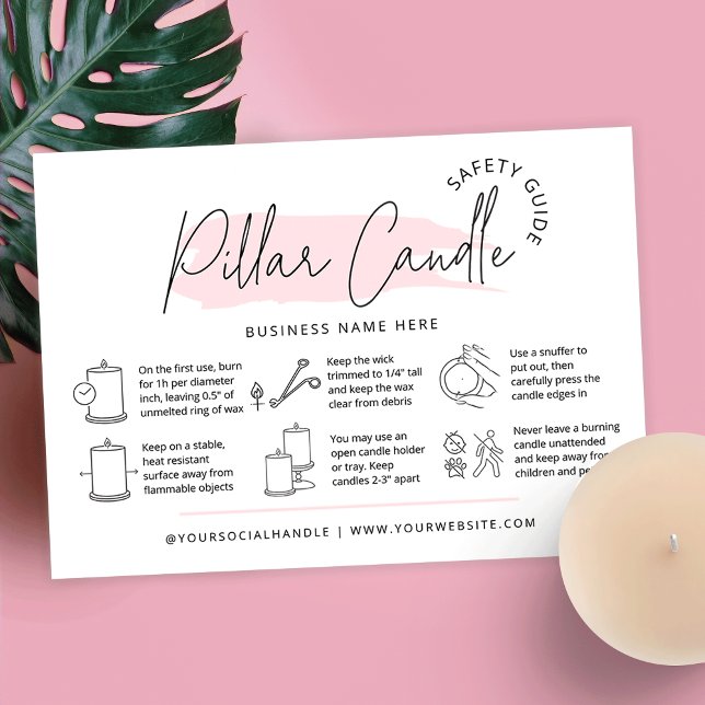 Feminine Pink Pillar Candle Care Instructions Business Card (Feminine pillar candle care cards with icons, pink watercolor background and space for your details)