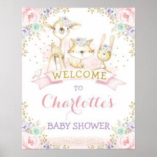 Feminine Pink Purple Mint Woodland Animals Welcome Poster