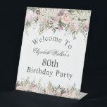 Feminine Pink Rose Floral 80th Birthday Welcome Pedestal Sign<br><div class="desc">A lovely floral welcome pedestal sign designed especially for a birthday party, this sign has text you can personalise in the centre section and is bordered by beautiful pink and white watercolor florals with trailing greenery. Shown here as an 80th birthday party, you can edit the age to any age....</div>