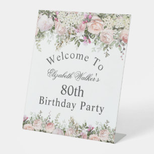 Feminine Pink Rose Floral 80th Birthday Welcome Pedestal Sign