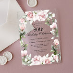Feminine Pink Roses 80th Birthday Party Acrylic Invitations<br><div class="desc">Celebrate an 80th birthday in the most beautiful feminine style with this exquisite acrylic birthday party invitation in pink florals. Your event text is surrounded by a floral watercolor wreath of pastel pink roses and wispy greenery. All of the text can be personalised with your custom party text, including the...</div>