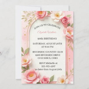 Feminine Pink Roses 90th Birthday Party Invitation