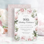 Feminine Pink Roses 90th Birthday Party Invitation<br><div class="desc">Celebrate a 90th birthday in the most beautiful feminine style with this exquisite birthday party invitation in pink florals. Your event text is surrounded by a floral watercolor wreath of pastel pink roses and wispy greenery. All of the text can be personalised with your custom party text, including the age....</div>