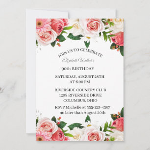 Feminine Pink Roses 90th Birthday Party Invitation