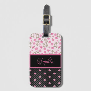 Feminine Pink Roses and Polka Dots Luggage Tag