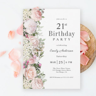 Feminine Pink Roses Floral 21st Birthday Party Invitation