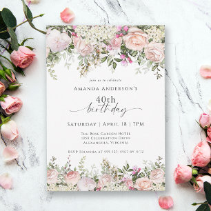 Feminine Pink Roses Floral 40th Birthday Party Invitation