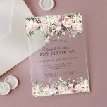 Feminine Pink Roses Floral 80th Birthday Party Acrylic Invitations<br><div class="desc">A beautifully feminine party invitation to celebrate an 80th birthday in elegant style, this Irresistible floral design is bordered in charming pink roses, mixed flowers and trailing greenery. All of the text may be personalised for your party, including the guest of honour's age. This beautiful acrylic invitation adds a modern...</div>