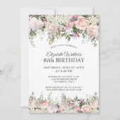 Feminine Pink Roses Floral 80th Birthday Party Invitation (Front)