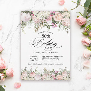 Feminine Pink Roses Floral 80th Birthday Party Invitation