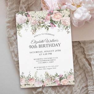 Feminine Pink Roses Floral 90th Birthday Party Invitation