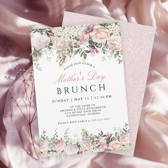 Feminine Pink Roses Mother's Day Brunch Invitation (Available in both printed and instant download digital formats.)