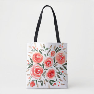 Feminine Pink Roses Watercolor Floral Illustration Tote Bag