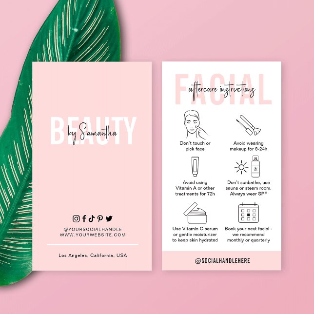 Feminine Pink Salon Facial Aftercare Instructions Business Card (Creator Uploaded)