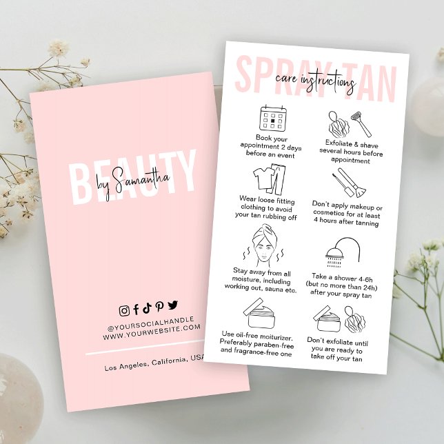  Feminine Pink Spray Tan Aftercare Instructions Business Card (Creator Uploaded)
